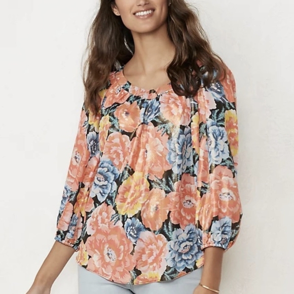 Lauren Conrad Floral Shimmer Peasant Blouse Romantic Cottage Coquette Retro XS - Picture 1 of 11
